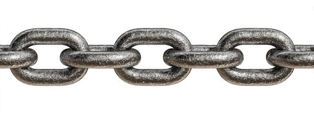 Close up view of a metallic chain links on a white background isolated