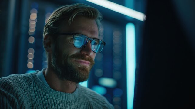 A bearded man wearing glasses works on a computer in a dimly lit, modern office with blue lighting