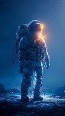 A solo astronaut in a detailed space suit stands on an alien planet under a vast, dark blue starry sky, illuminated by a dramatic golden glow emanating from the helmet.

