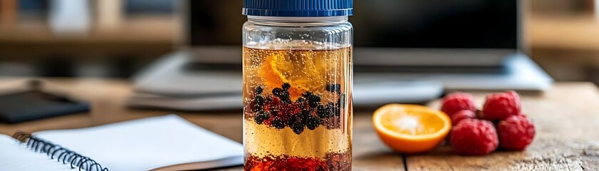 A clear jar filled with fruit and liquids at a desk