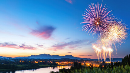 Stunning display of fireworks illuminates evening sky over tranquil river, with mountains in background and vibrant sunset