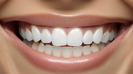 Close-up of perfectly aligned, brilliantly white teeth showcasing a radiant, healthy smile with smooth, even dental symmetry and natural lip contours.