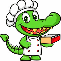 Fototapeta premium A cartoon crocodile chef holding a box of food