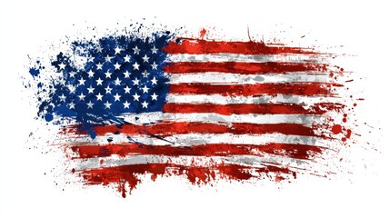 A splattered paint illustration of the American flag with vibrant red, white, and blue colors on a white background