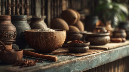 Rustic array of homemade ingredients in aged wooden bowls and containers