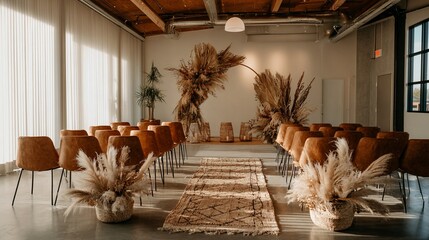 Elegant boho-style event space with warm terracotta chairs, rustic wooden ceiling, and pampas grass decorations creating a serene, minimalist atmosphere for intimate gatherings or workshops