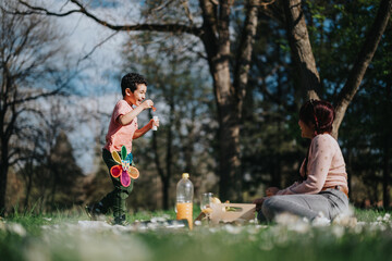 Joyful scene of a child interacting with their mother during a bright park outing. Highlights...