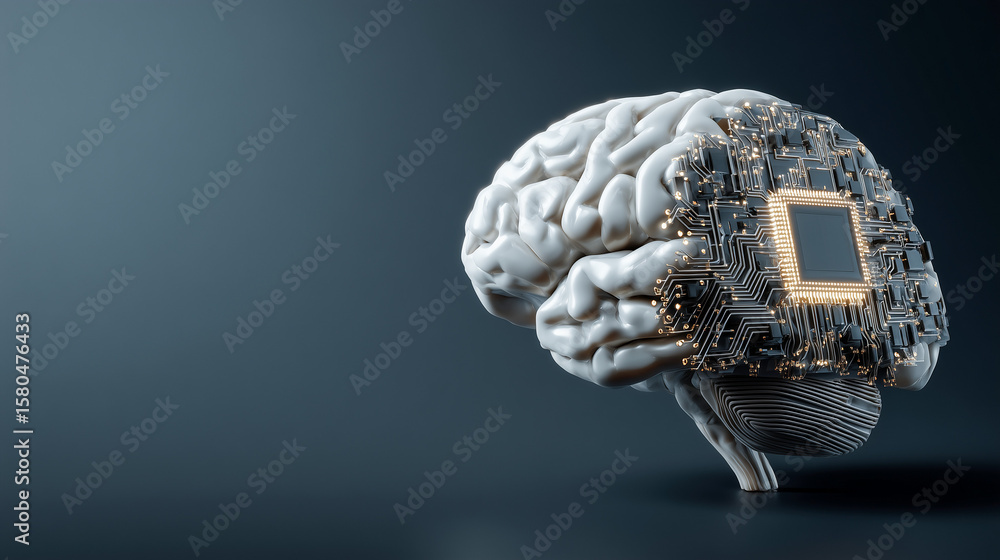 Poster a detailed human brain, with one side transforming into an intricate circuit board and microchip, sy