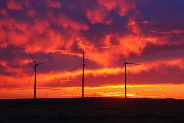 Obraz premium Wind turbines generating clean energy under a vibrant and dramatic red sunset sky