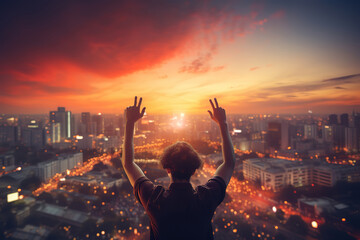 Photo frame gesture made by hands against sunset for live online video marketing concept