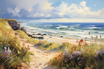 Picturesque trail bordered by golden grasses leading to the beach