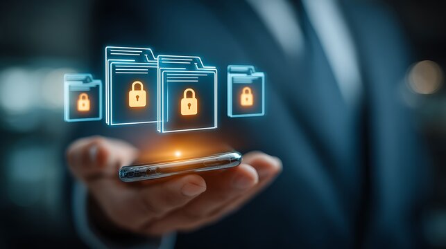 Man Holding Smartphone Showing Encrypted Folder Icons Representing Secure Mobile Data Management Solution