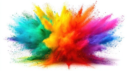 Fototapeta premium Vibrant colored powder explodes against a white background, creating a dynamic and energetic burst of rainbow hues
