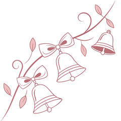 Illustration of a vine with leaves and bows attached to bells in a decorative arrangement on white