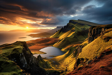 Golden sunset over Quiraing mountains landscape on Isle of Skye Scotland