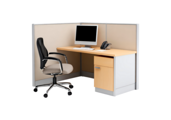 Modern office cubicle with computer, chair, and telephone on transparent background, PNG