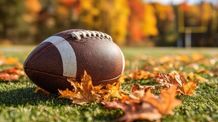 A football rests on a field covered with autumn leaves, with blurred goalposts and colorful fall trees in the background