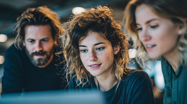 Three diverse young adults collaborating and looking at a laptop screen in a modern office environment