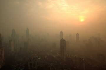 A hazy city skyline at sunset, with tall buildings obscured by thick smog and a muted orange sky