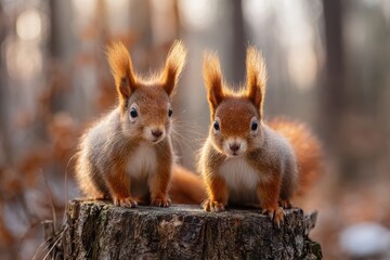 Two red squirrels with fluffy tails sit side by side on a tree stump in a sunlit forest, looking curiously at the camera