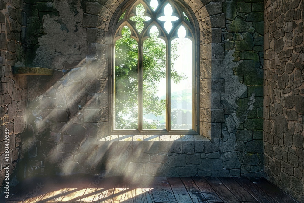 Poster light rays shining through gothic window of old stone castle, creating a mystical atmosphere