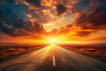 Dramatic sunset sky above a winding road in scenic surroundings