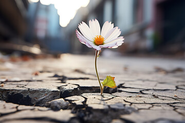 Serene white flower on a cracked street with a blank canvas for text