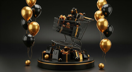 striking black shopping cart, laden with black gift boxes and shopping bags tied with gold ribbons,