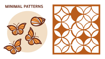 Illustration showing butterflies grouped on a beige circle and a geometric pattern on a square shape design
