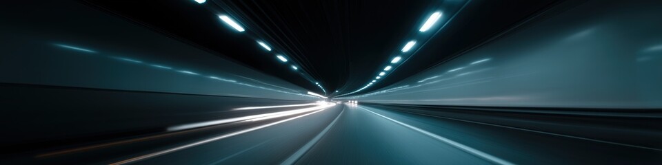 Futuristic tunnel with speeding lights and motion blur at night