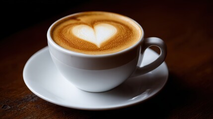 Fototapeta premium A cup of cappuccino with heart-shaped latte art sits on a white saucer, placed on a wooden table