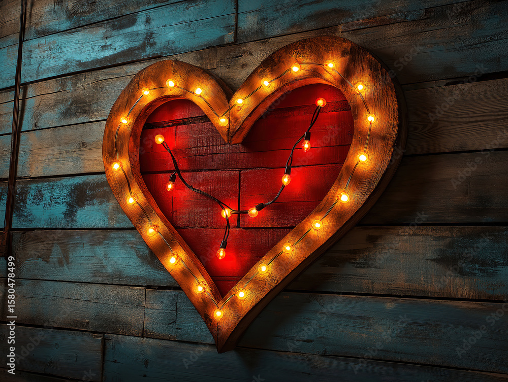 Fototapete warm glowing string lights forming a heart on a rustic wood backdrop