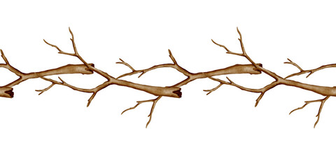 Seamless horizontal border with dry tree branches. Hand-drawn with watercolor technique. Isolated on white background. Ideal for packaging, invitations, web banners, and rustic design projects.