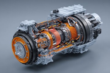 Exploded view of electric vehicle motor with detailed components on gray background. 3D rendering of eco-friendly car engine. Innovative motor tech for electric vehicles. Focus on.