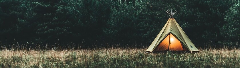 A well lit teepee tent standing in a field at dusk