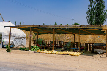 Roadside Fruit Stand and Yurt in Rural Kazakhstan on a Sunny Day
