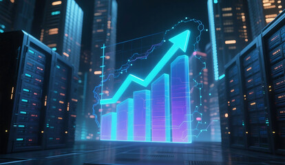 image featuring a glowing upward-trending line or bar graph floating in mid-air, set against a backdrop of a futuristic smart city at night or a high-tech AI server room