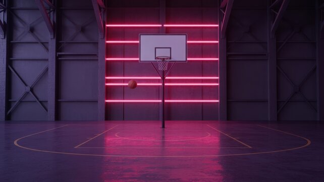 Basketball court with neon lights and a ball in motion