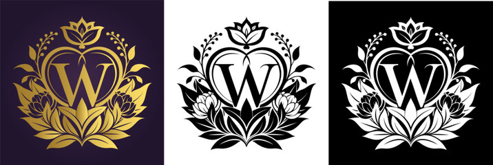 Luxury floral letter W logo design in gold black and white versions  