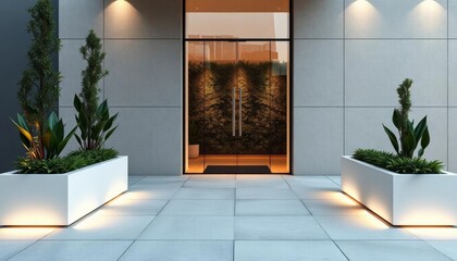 Sleek glass door flanked by minimalist planters, recessed lighting accents concrete pathway, geometric, stylish