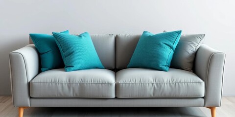 Sleek gray sofa with textured teal pillows, minimalist decor,   sitting area,   interior styling