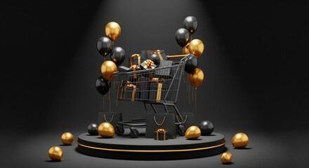 luxury shopping cart filled with gifts and surrounded by gold and black balloons, symbolizing black friday sale