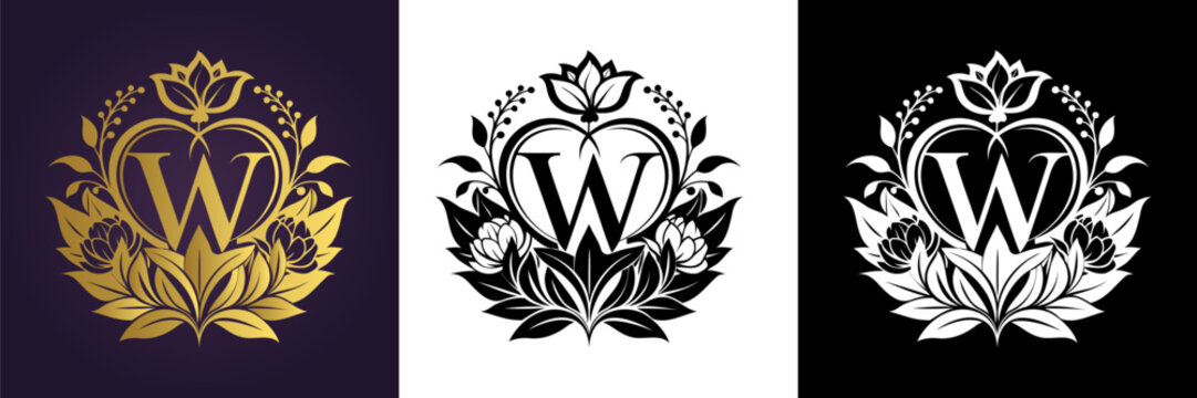 Luxury floral letter W logo design in gold black and white versions  