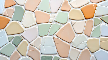 Textured mosaic tiles in soft pastel colors create soothing and artistic surface, perfect for interior design
