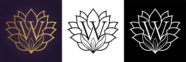 Luxury floral letter W logo design in gold black and white versions  