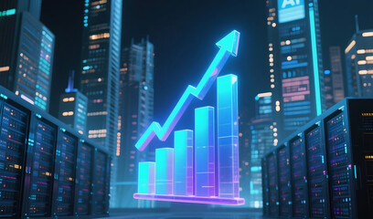 image featuring a glowing upward-trending line or bar graph floating in mid-air, set against a backdrop of a futuristic smart city at night or a high-tech AI server room