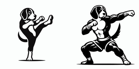 Beagle Dog muay thai pose. Cartoon Clipart Silhouette Vector Illustration Coffee Line Art Illustration. Canine boxer posture breed in martial stance pet combat action.