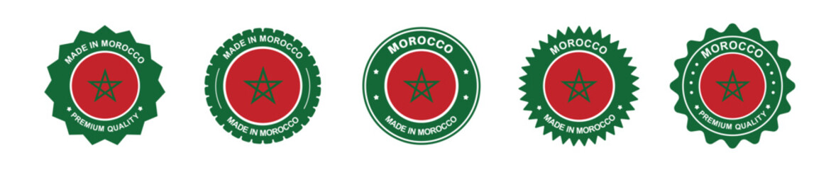 morocco product label set. morocco flag, premium made in morocco . Labels, seals, stamps, flags, icons