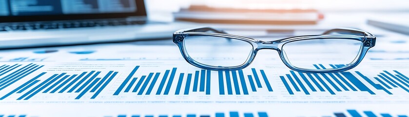 Business glasses rest on charts next to a computer laptop