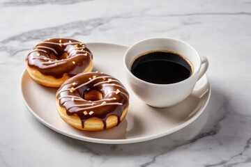Chocolate glazed donuts on a white plate with a cup of black coffee on marble background. Elegant breakfast or dessert scene with copy space. Perfect for ads, menus, blogs, packaging design, poster